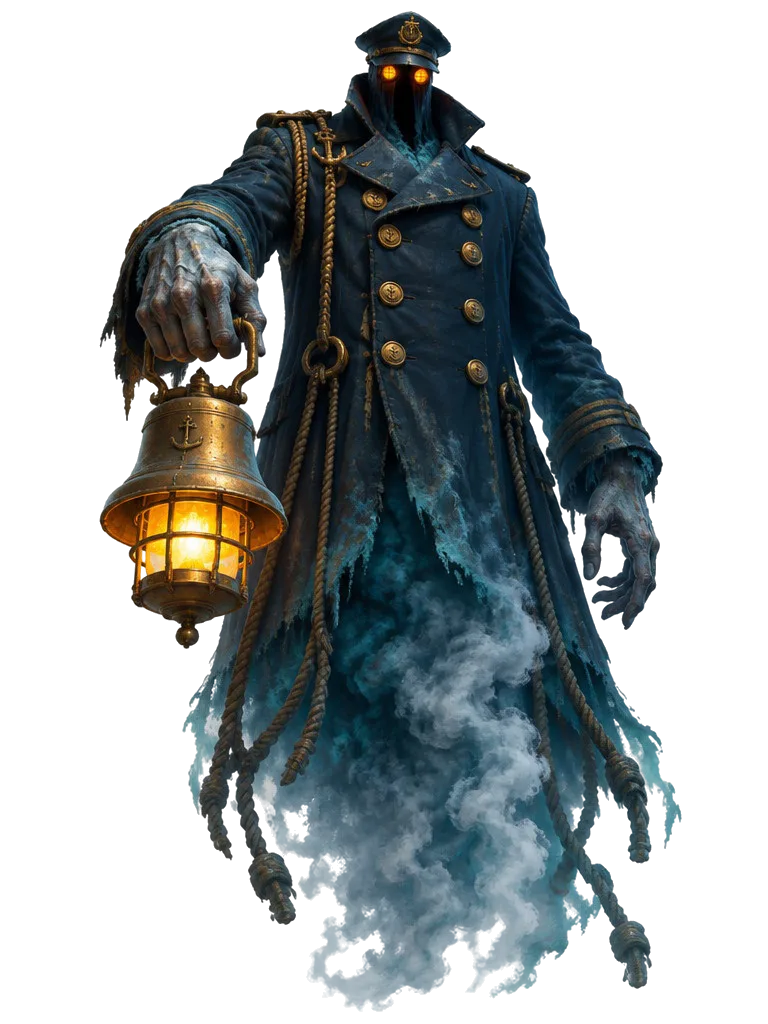 The Harbormaster, sosok raksasa bermantel panjang dengan topi bersebelah, mata oranye, dan lentera di tangan.
